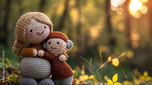 Crochet doll of a pregnant mom hugging her bigger boy in the garden.