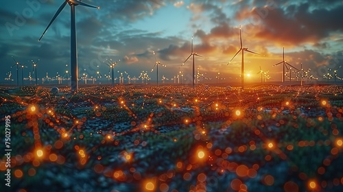 A conceptual image showcasing the integration of green energy solutions and sustainable power engineering, with symbols like wind turbines, solar panels, and eco-friendly technology