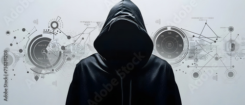 Black Hooded Hacker with Hacker Symbol Background
