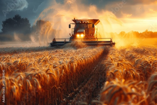 A powerful image capturing the essence of harvest time with a combine harvester cutting through a field of golden wheat under a dramatic sky