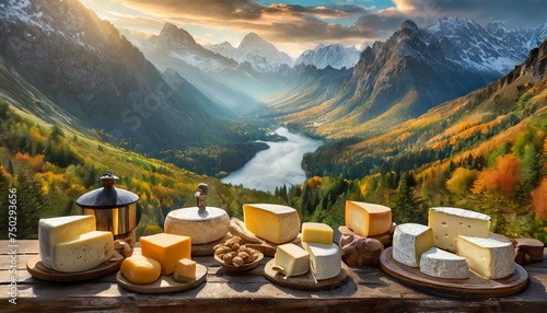 cheese section at a fancy buffet or a supermarket dairy products section as wide banner