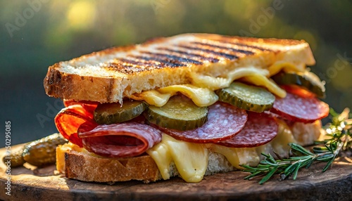 traditional melted grilled cheese with smoked salami, sausage and pickles as closeup at a bb