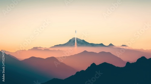 Silhouette of mountains, rocket launch into the sky 