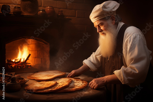 AI generation. An Orthodox Jew prepares homemade kosher matzo in the fire oven. AI generation.