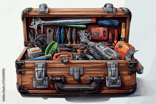 An open tool box with various old tools visible from above, isolated on a white background with a clipping path.