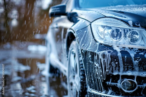 Outdoor car wash with foam soap, Washing Car Backdrop, washing with Copy Space