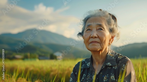 Portrait of Asian aged woman posing against a rice field with a big space for text or product, Generative AI.