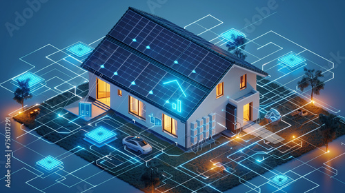 Sustainability illustration eco-friendly technologies. A House with solar energy panels, and an electric car with a battery backup on the wall. Vector illustration.
