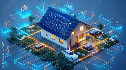 Sustainability illustration saves planet earth with eco-friendly technologies. A House with solar energy panels, and an electric car with a battery backup on the wall. Vector illustration.