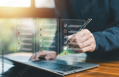 business verify task detail and evaluation tick mark. tick checkmark in the survey item on a laptop. concept of task audit in a list of documents, option check form online, checklist process order