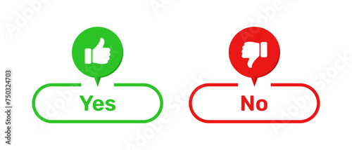 Yes and No buttons with like and dislike symbols green and red color. Yes and No buttons with thumbs up and thumbs down symbols. Check box icon with thumbs up and down symbol with yes and no buttons.