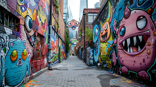 A picture of a narrow alleyway adorned with colorful graffiti. This image captures the vibrant and urban atmosphere of street art. Generative AI illustration 