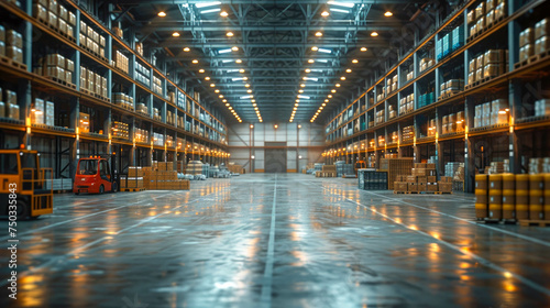 Warehouse interior with shelves and boxes in a modern factory building