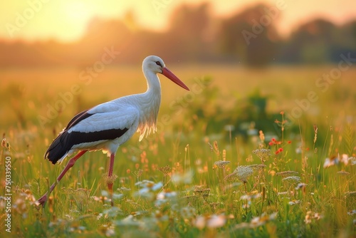 White stork ciconia ciconia the bird is walking in the meadow dawn.