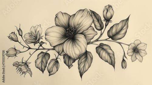  a black and white drawing of a flower on a branch with leaves and buds on a light beige background with a black and white outline of a branch with flowers and leaves.