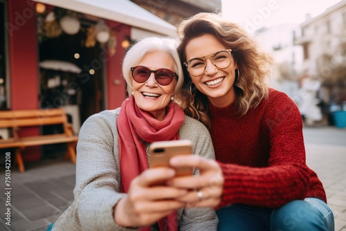A smiling millennial girl takes a selfie with a funny elderly mom on the street, a happy adult daughter has fun, takes a self-portrait with a mature mom, vacations together on weekends.