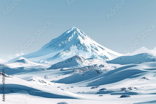 A mountain range covered in snow with a clear blue sky in the background