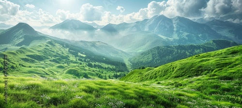Green mountains valley panoramic landscape. Generative AI technology. 