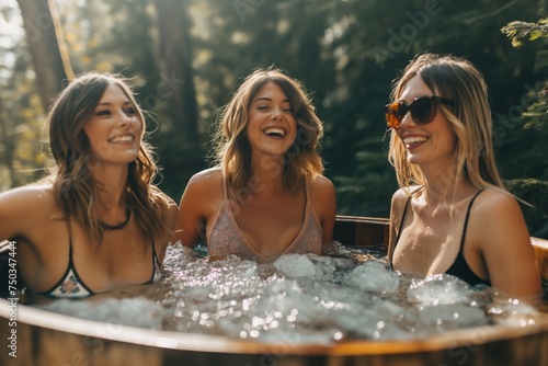 young woman is sitting with friends in swimsuit in wooden cold water tub with ice, there is a summer sunny forest behind. Cold water therapy benefits for health concept.