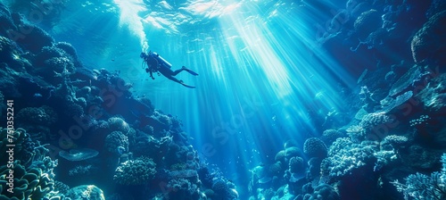 A person scuba diving underwater sea with shiny sun light from the surface. Generative AI technology. 