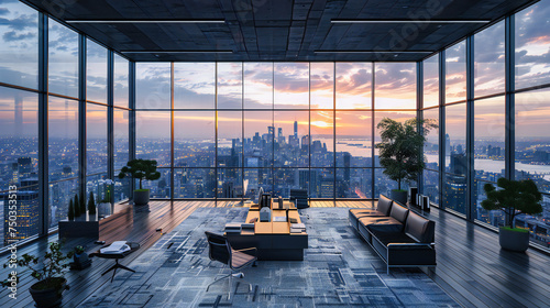 Panoramic Urban Elegance, A Modern Interior Overlooking the City, The Intersection of Luxury and Design