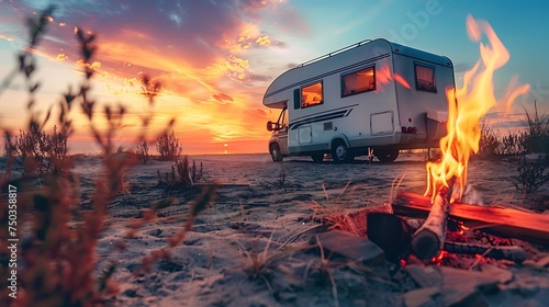 caravan parked on sandy terrain with dry vegetation and burning bonfire against bright sundown sky in nature
