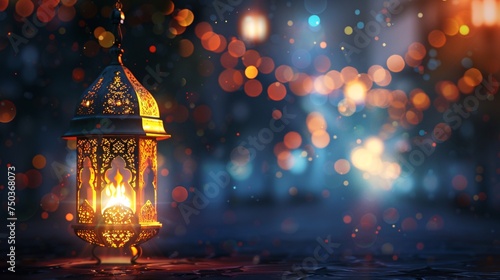 Celebrate Eid with a stunning Arabic lantern and hand-drawn calligraphy on a blurred background.