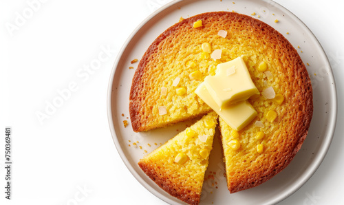 Sliced cornbread with butter on top on a white plate, top-down composition with copy space isolated on white background. Traditional American cuisine concept for design and print