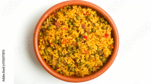 Arroz con Gandules, Puerto Rican rice with pigeon peas, hints of green and red, top-down view isolated on white background. Caribbean cuisine concept. Design for recipe blog, cultural food guide, and 