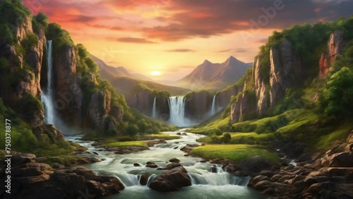 Serene Waterfall & River in Lush Green Mountain Forest under Colorful Evening Sky Sunset
