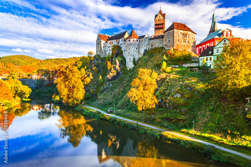 Loket, Czech Republic. Charming town and Ohre River landscape, Bohemia, autumn colors.