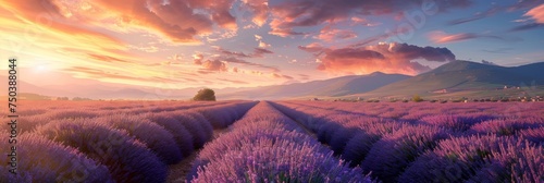 Lavender Field at Sunset, Purple Flowers Landscape, Morning Lavender Fields, Copy Space
