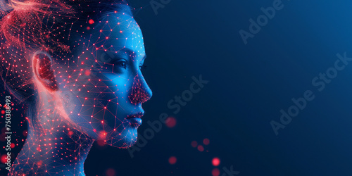 Gesicht einer Frau im Seiten Profil mit Computer Vernetzung, ai generativ