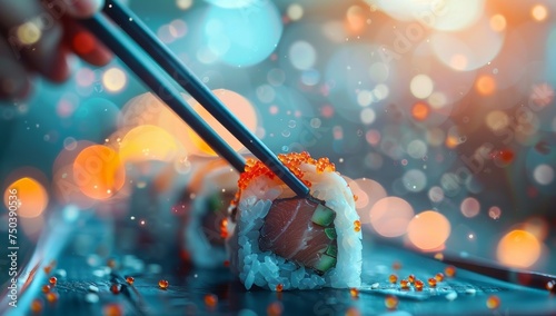 Closeup of sushi with chopsticks on background with bokeh