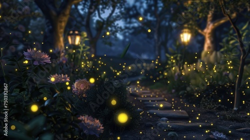 Midnight stroll in a fairytale garden, alive with mystical wonder.