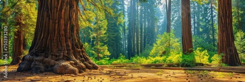 Sequoia Tree, Giant Pine in Nature Forest, Redwood Park with Sequoia Tree, Copy Space