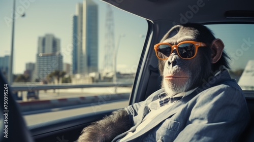 A monkey in stylish clothes sits in a car. Chimpanzee in a car