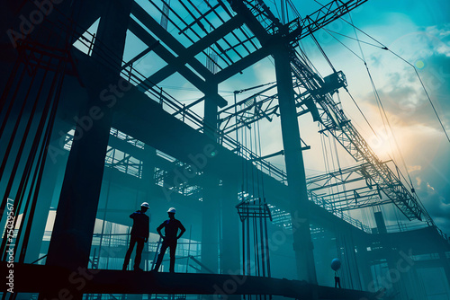 workers on construction site, engineering construction infrastructure silhouette of business people standing teamwork together multi exposure with industrial building construction in blue