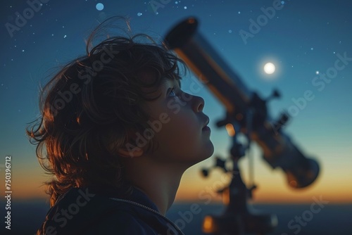 a child looking at the stars through a telescope representing curiosity and the dream of space exploration from a young age inspirational and hopeful