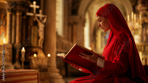 Pretessa in Rosso si applica ai suoi studi benefici e protettivi nella Chiesa, la sua Casa.