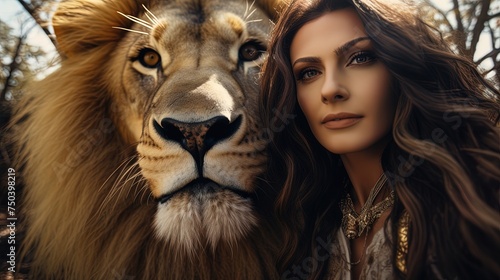 Woman taking a selfie in embrace with lion, connection between humans and wildlife, person embracing a predator