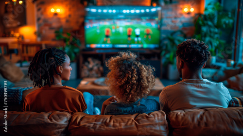friends looking a soccer game together on the tv screen