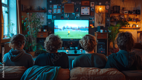 friends looking a soccer game together on the tv screen