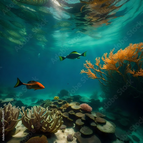 Plants and fish at the bottom of the ocean. Flora under water, ocean life. Free space for text.