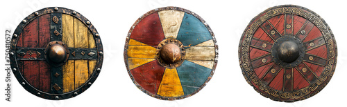 Vibrant Medieval Shields on White Background, Emblematic of Historic Strength