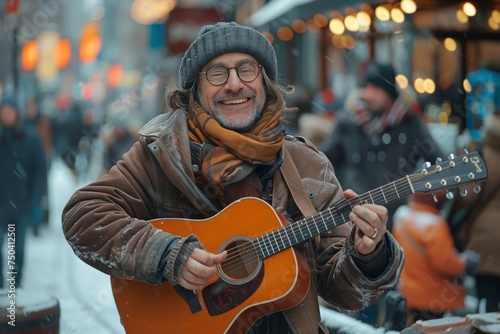 A busker playing guitar and singing on a busy street corner