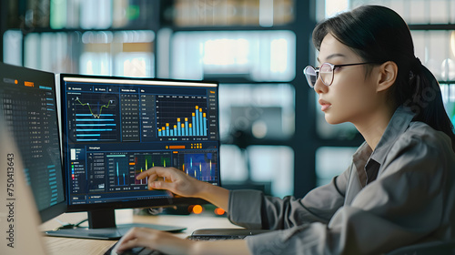 The female analyst utilizes a computer and a dashboard for business data analyze and a data management system The concepts of technology, sales, and marketing.