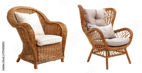 Set of elegant wicker chairs with cushion isolated on a transparent background, Home Interior