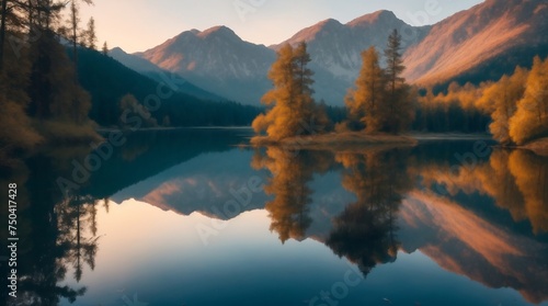 An autumnal panorama of tranquil lake waters mirroring a mountain range, bathed in the golden hour’s glow, encapsulating serene natural beauty