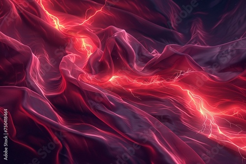 3D render of a crimson fabric weave intricate and flowing caught in a moment of electrifying thunder light